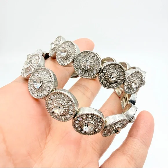 Set of 2 Silver Tone Stretch Bracelets Rhinestone Disc Statement - Picture 5 of 7